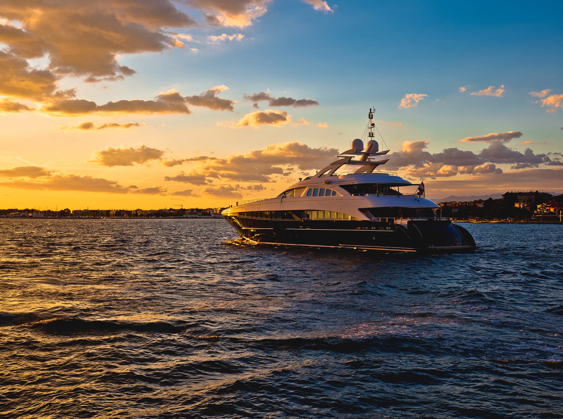 Luxury yacht at sunset on the Riviera